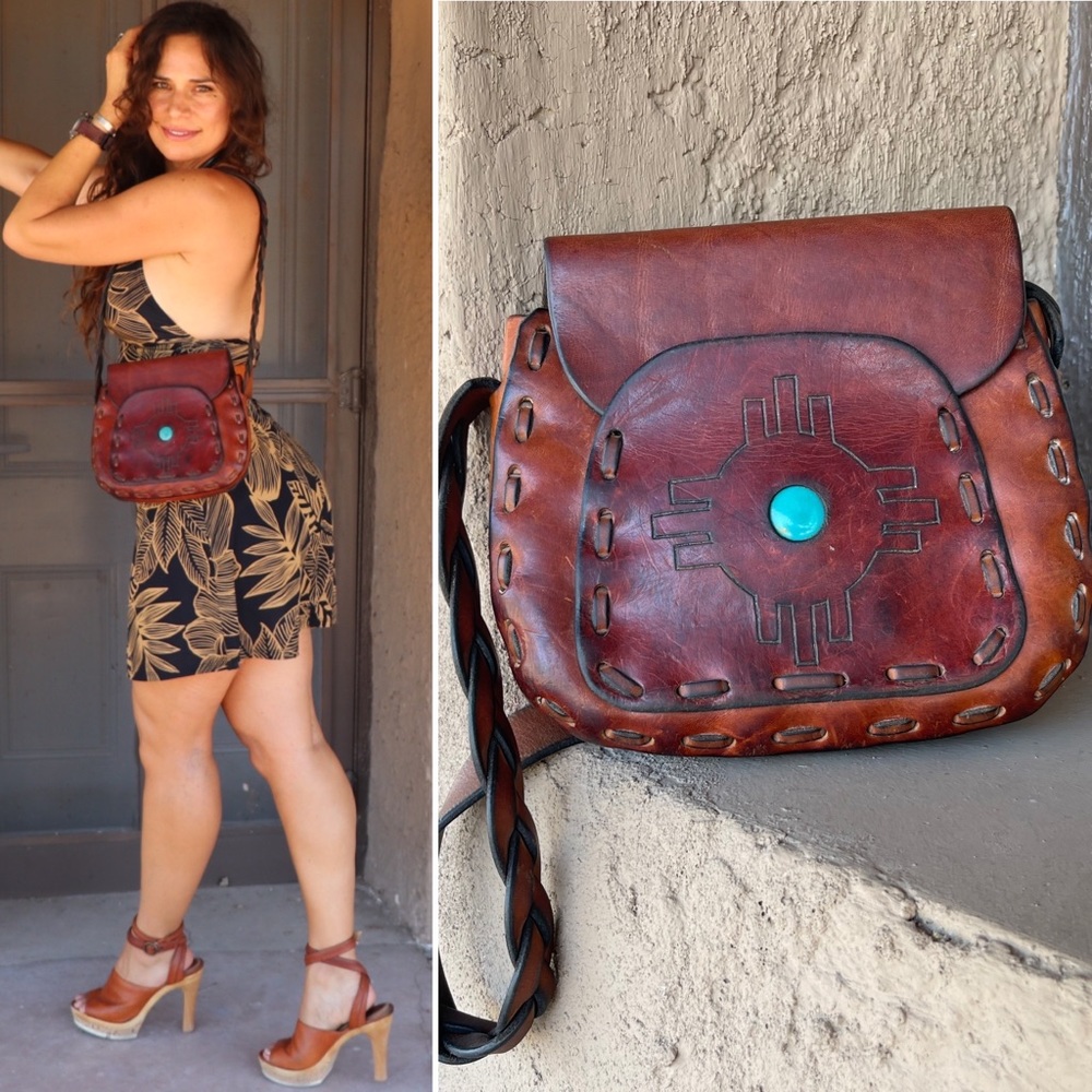 70s VTG Hand Tooled Aztec Leather Turquoise Saddle Bag Crossbody Shoulder Boho